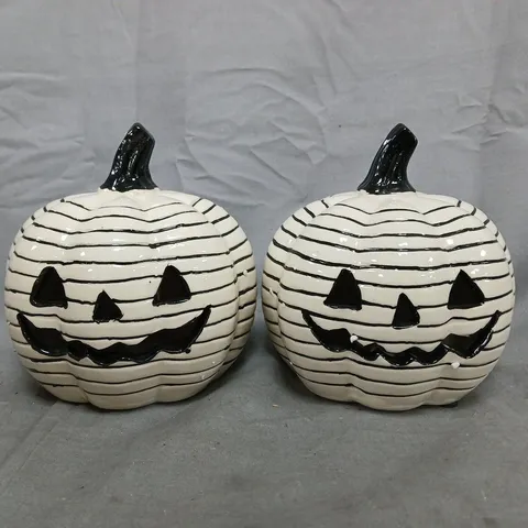 SET OF 2 STRIPE CERAMIC LIGHT UP PUMPKINS