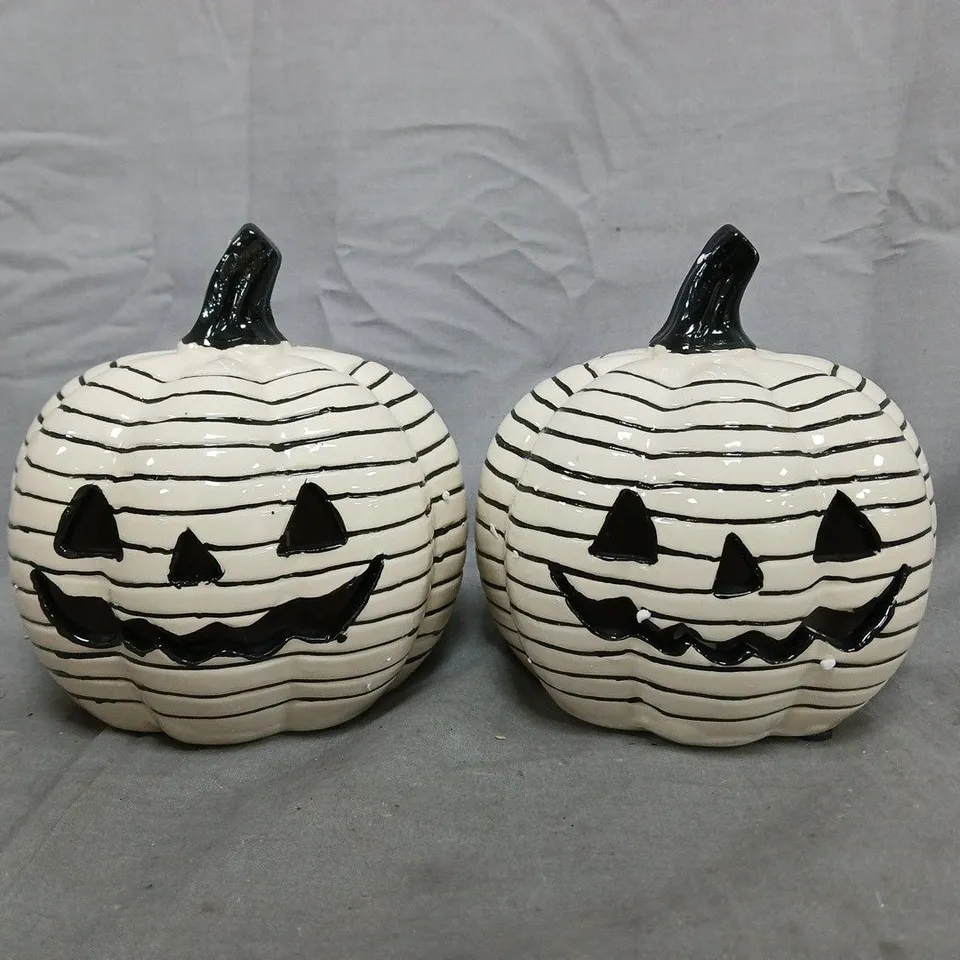 SET OF 2 STRIPE CERAMIC LIGHT UP PUMPKINS 