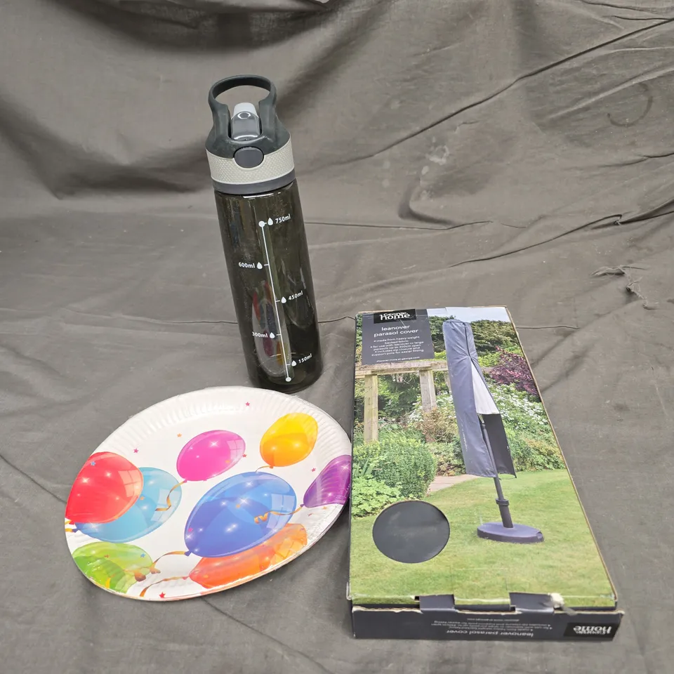 BOX OF APPROX 15 ASSORTED HOUSEHOLD ITEMS TO INCLUDE PAPER PLATES , WATER BOTTLES AND PARASOL COVERS , ETC 