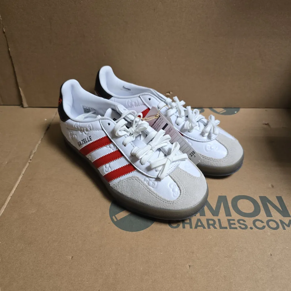 ADIDAS GAZELLE 50TH HELLO KITTY ANNIVERSARY SNEAKERS – WHITE LEATHER WITH RED STRIPES - UK 5