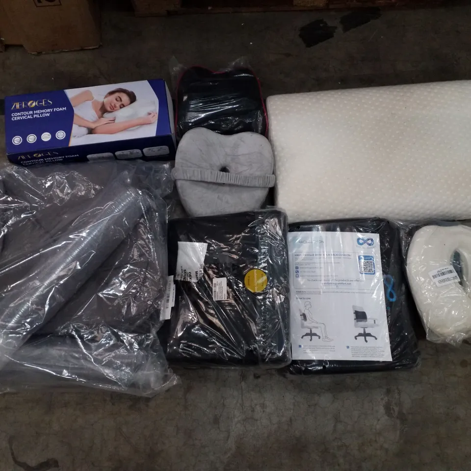 PALLET OF ASSORTED PILLOWS & CUSHIONS INCLUDING CERVICAL PILLOW, CHAIR BACK CUSHION, NECK PILLOW 