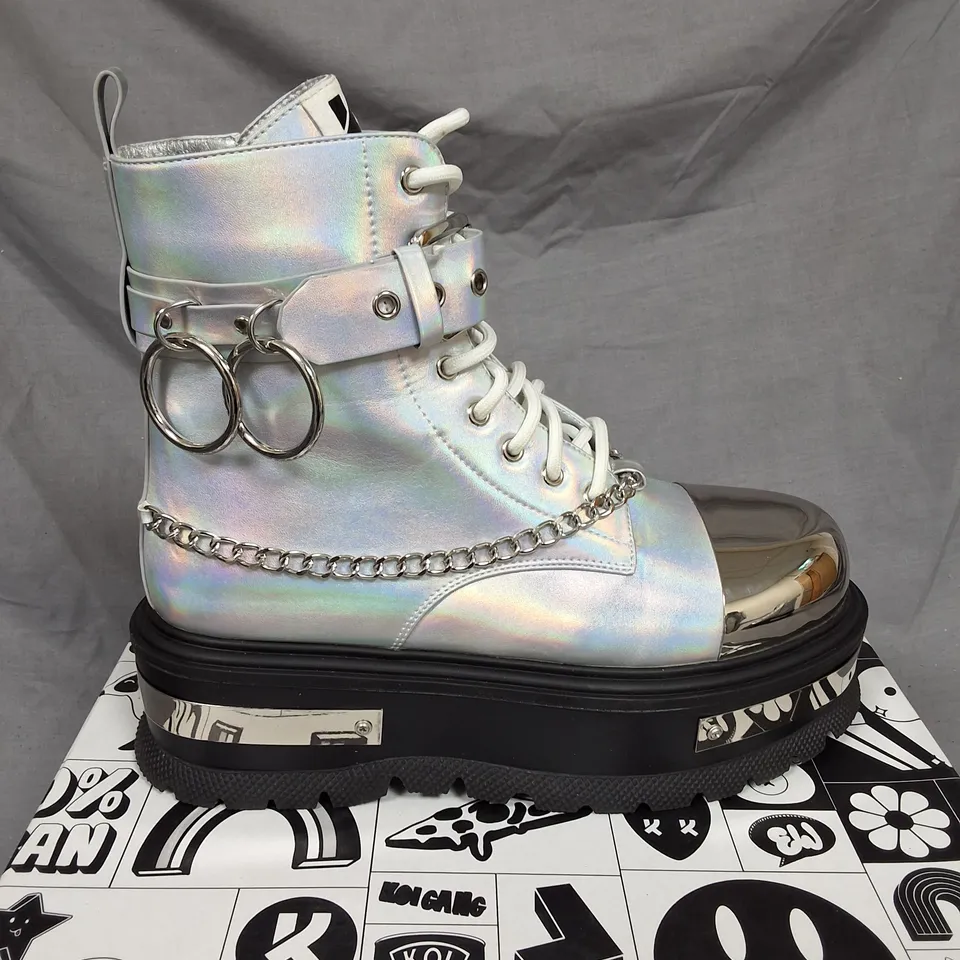 BOXED PAIR OF KOI BORIN HARDWARE PLATFORM BOOTS IN SILVER HOLOGRAM SIZE UK 6