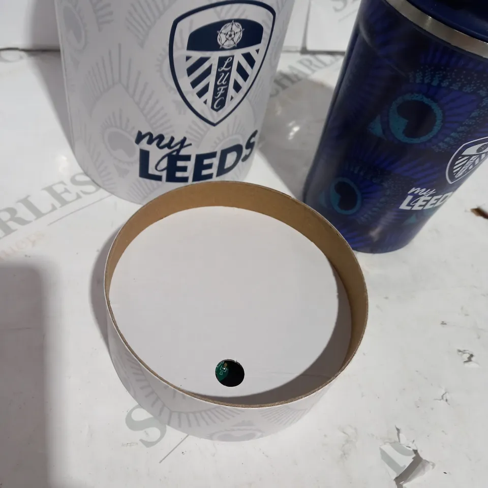 BOXED MY LEEDS FOOTBALL COLLECTABLE TRAVEL CUP WITH AUDIO CHANCE IN BOX LID 