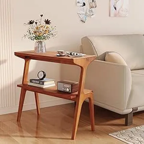 BOXED SOLID WOOD END TABLE, 2-TIER SOFA SIDE TABLE WITH STORAGE SHELF
