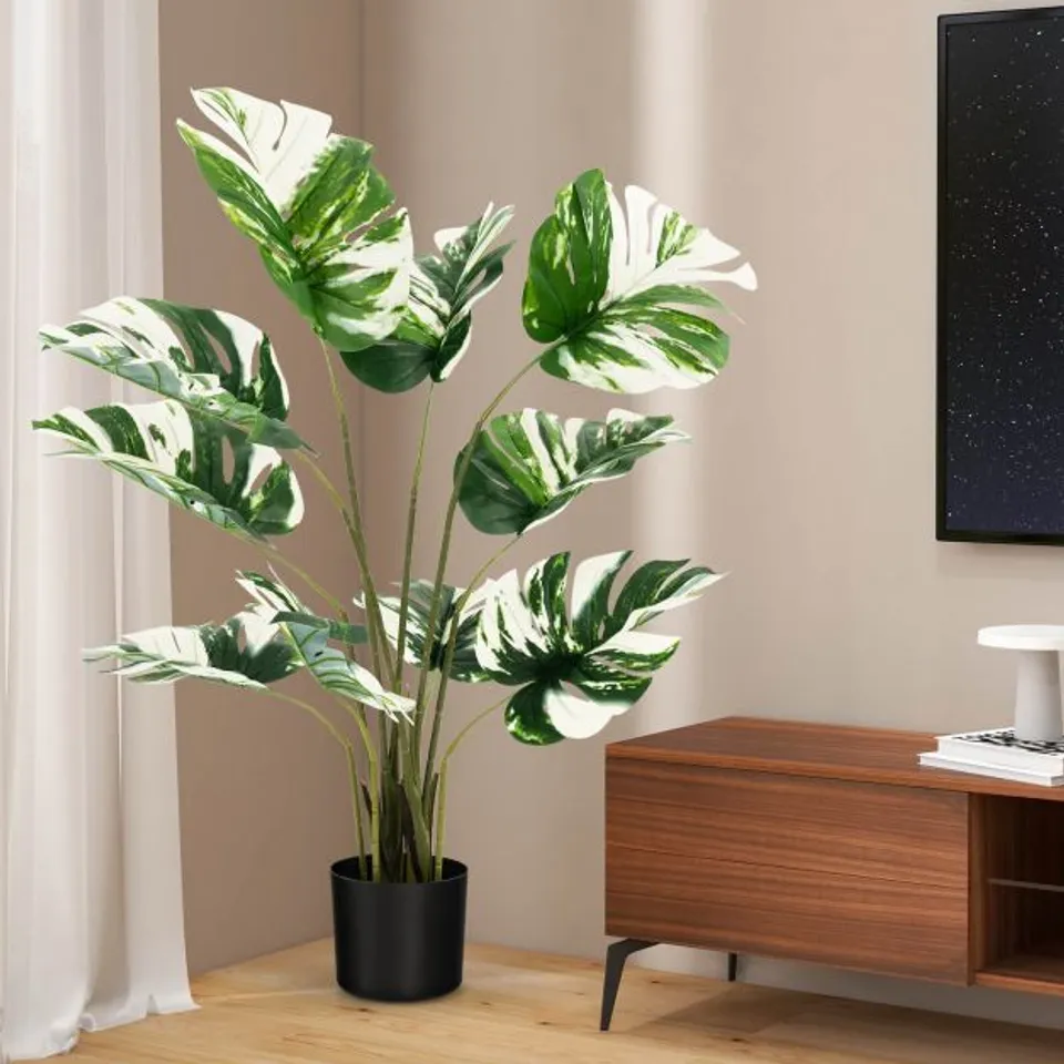 BOXED COSTWAY 4FT ARTIFICIAL MONSTERA DELICIOSA PLANT PALM TREE W/ CEMENT-FILLED POT INDOOR OUTDOOR