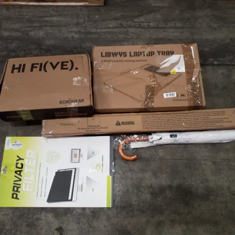 PALLET OF ASSORTED PRODUCTS INCLUDING LAPTOP TRAY, SATELLITE SPEAKER STANDS, RETRACTABLE GATE, UMBRELLA, PRIVACY FILTER