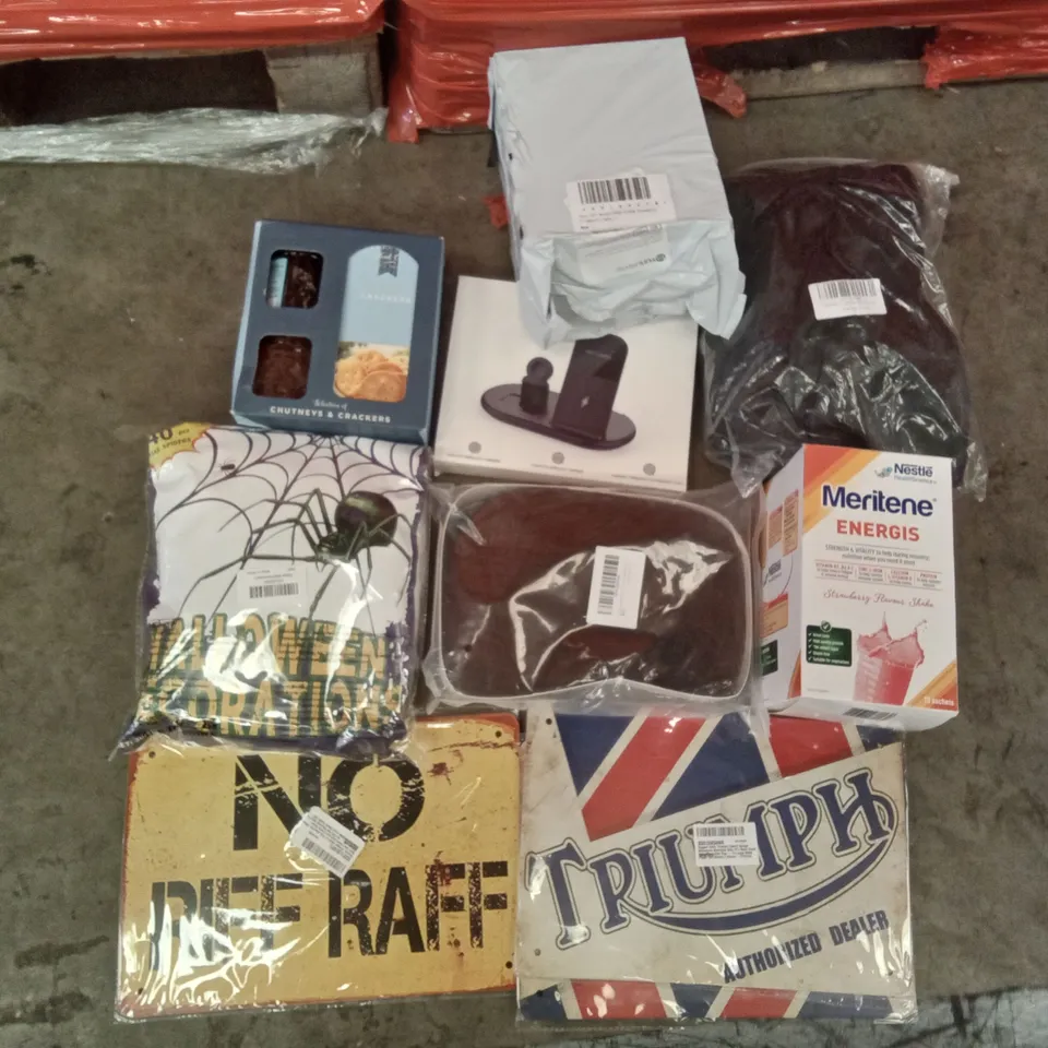 PALLET OF ASSORTED ITEMS INCLUDING HALLOWEEN DECORATIONS, COSPLAY WIG, NO RIFF RAFF SIGN, TRIUMPH SIGN, WIRELESS PHONE CHARGER, DOG TOYS SET