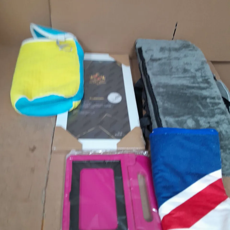 LARGE QAUNTIITY OF ASSORTED HOUSEHOLD ITEMS TO INCLUDE TABLET CASE, PHOTO FRAME AND TOWELS