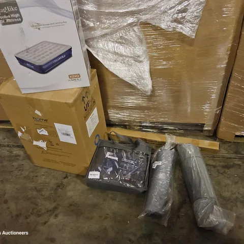PALLET OF ASSORTED ITEMS TO INCLUDE, 13GALLON AUTOMATIC TRASH BIN, INFLATABLE MATTRESS, WEIGHTED BLANKET, EXCERCISE MATS, CEILING FAN, TOILET SEARS, PARTY FLOWER STAND.