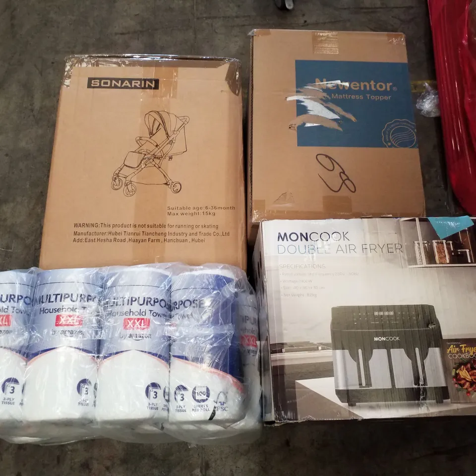 PALLET OF ASSORTED PRODUCTS INCLUDING PUSHCHAIR, MATTRESS TOPPER, DOUBLE AIR FRYER, KITCHEN TOWEL