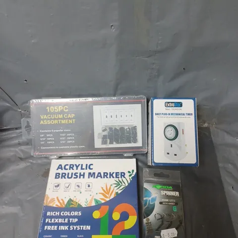 APPROXIMATELY 15 HOUSEHOLD ITEMS TO INCLUDE ACRYLIC BRUSH MARKERS, VACUUM CAP ASSORTMENT AND FISHING HOOKS