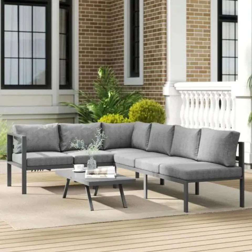 BOXED 3 PIECE ALUMINIUM CORNER LOUNGE SET WITH ADJUSTABLE BACKREST, DARK GREY (2 BOXES)