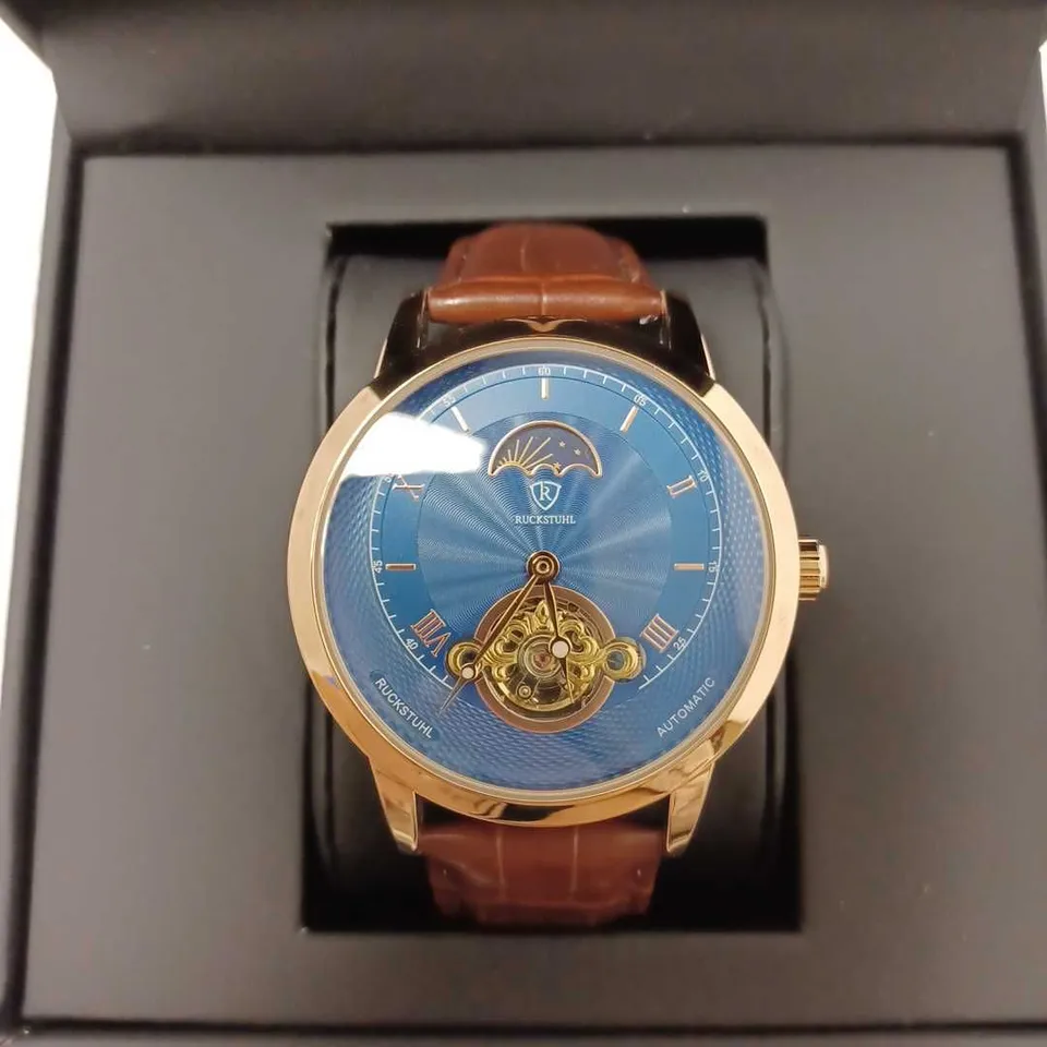 RUCKSTUHL CHRONOGRAPH BLUE DIAL AUTOMATIC LEATHER STRAP WATCH