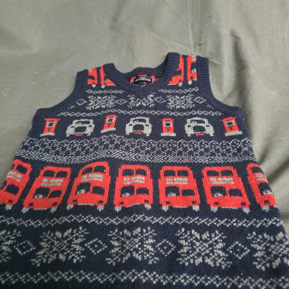 NEXT NAVY KNIT VEST WITH BUS PATTERN, 1½-2 YRS