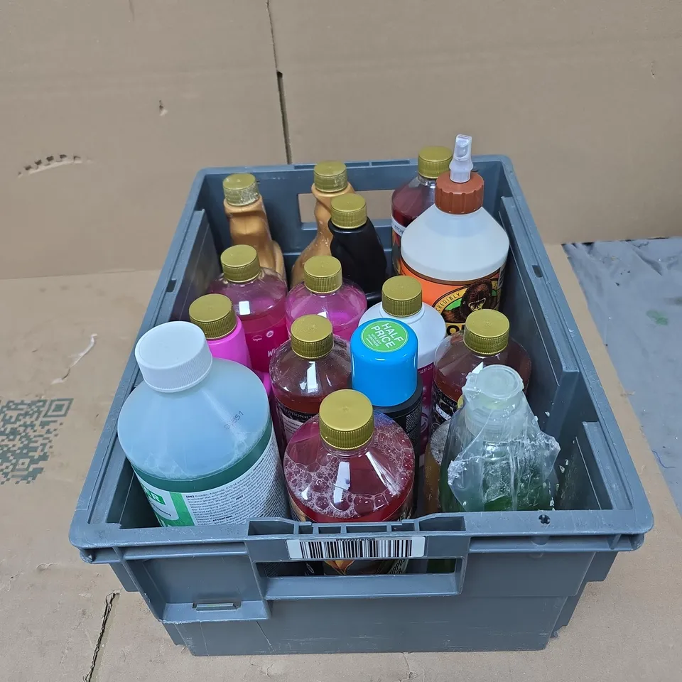 TOTE OF APPROXIMATELY 15 ASSORTED HOUSEHOLD ITEMS TO INCLUDE MOUNTAIN WAREHOUSE WASH N PROOF, FABULOSA ROOM AND FABRICE FRESHENER, GORILLA WOOD GLUE ETC