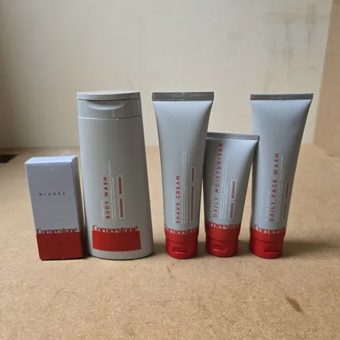 SET OF 5 ASSORTED CORNERSTONE ITEMS TO INCLUDE BODY WASH, SHAVE CREAM ETC