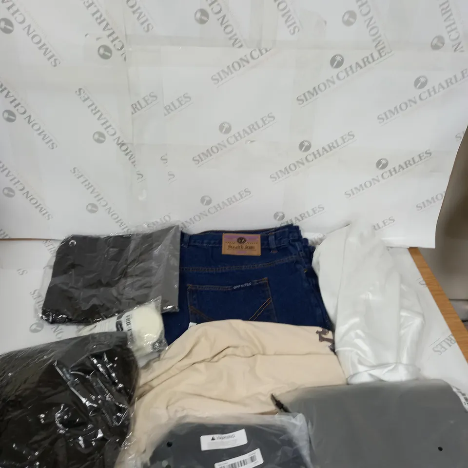 LARGE BOX OF ASSORTED CLOTHING ITEMS IN VARIOUS COLOURS AND SIZES INCLUDING TROUSERS , TOPS AND JUMPERS 