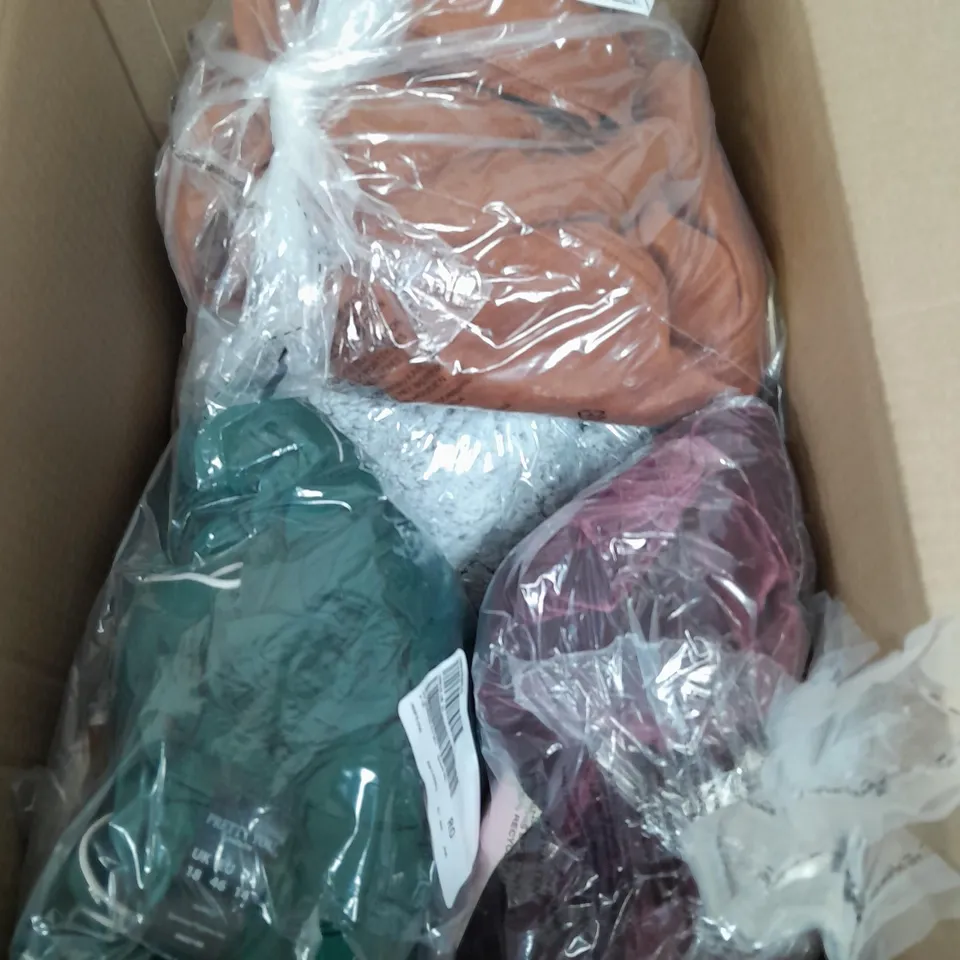 A BOX OF 10 CLOTHING ITEMS TO INCLUDE A PURPLE TOP A BROWN PAIR OF STRETCHY TROUSERS AND A ORIENTAL STYLE VELVET EFFECT JACKET WITH PEACOCK DESIGN 