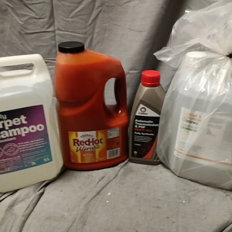 APPROXIMATELY 4 ASSORTED HOUSEHOLD LIQUID PRODUCTS TO INCLUDE FRANKS RED HOT SAUCE, CARPET SHAMPOO, AUTO TRANSMISSION MVATF PLUS, ETC - COLLECTION ONLY