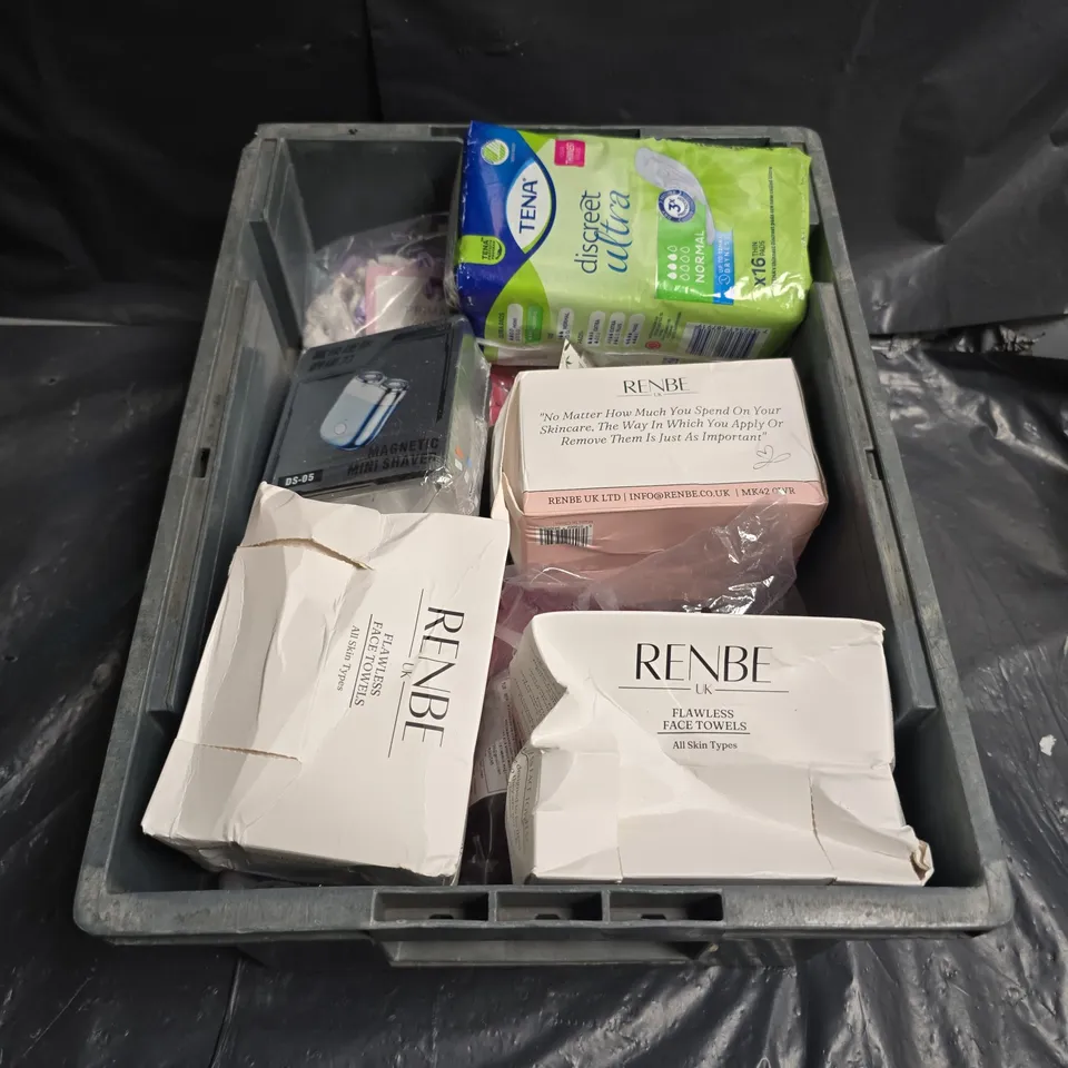 APPROXIMATELY 5 ASSORTED COSMETICS ITEMS TO INCLUDE WIGS , TENA PADS , FACE TOWELS , ETC 