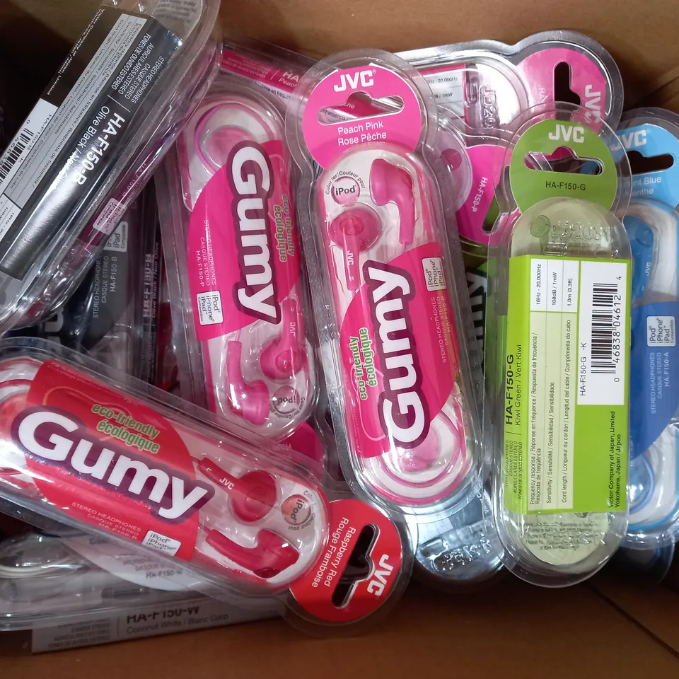 BOX OF APPROXIMATELY 20 ASSORTED JVC GUMY STEREO HEADPHONES IN VARIOUS COLOURS