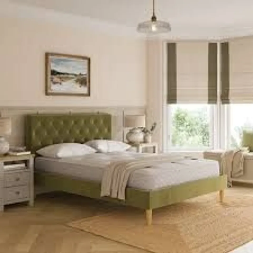 BOXED EMBERLEY END OTTOMAN BED, KING SIZE - OLIVE VELVET (3 BOXES)