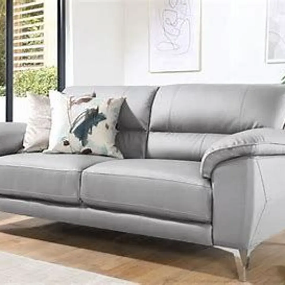BOXED DESIGNER MADRID GREY LEATHER THREE SEATER SOFA