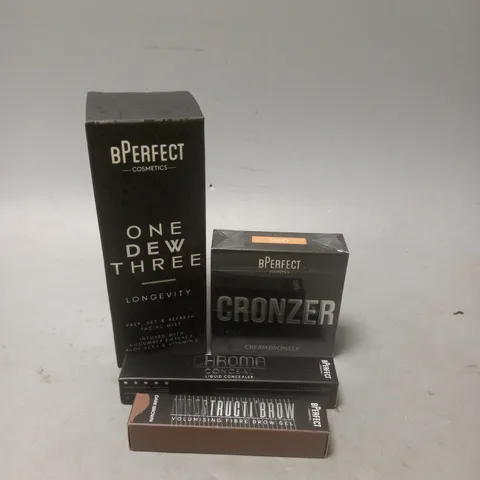 LOT OF 4 SEALED BPERFECT MAKE UP PRODUCTS TO INCLUDE FACIAL MIST, CREAM BRONZER IN SAND AND DARK BROWN EYEBROW GEL