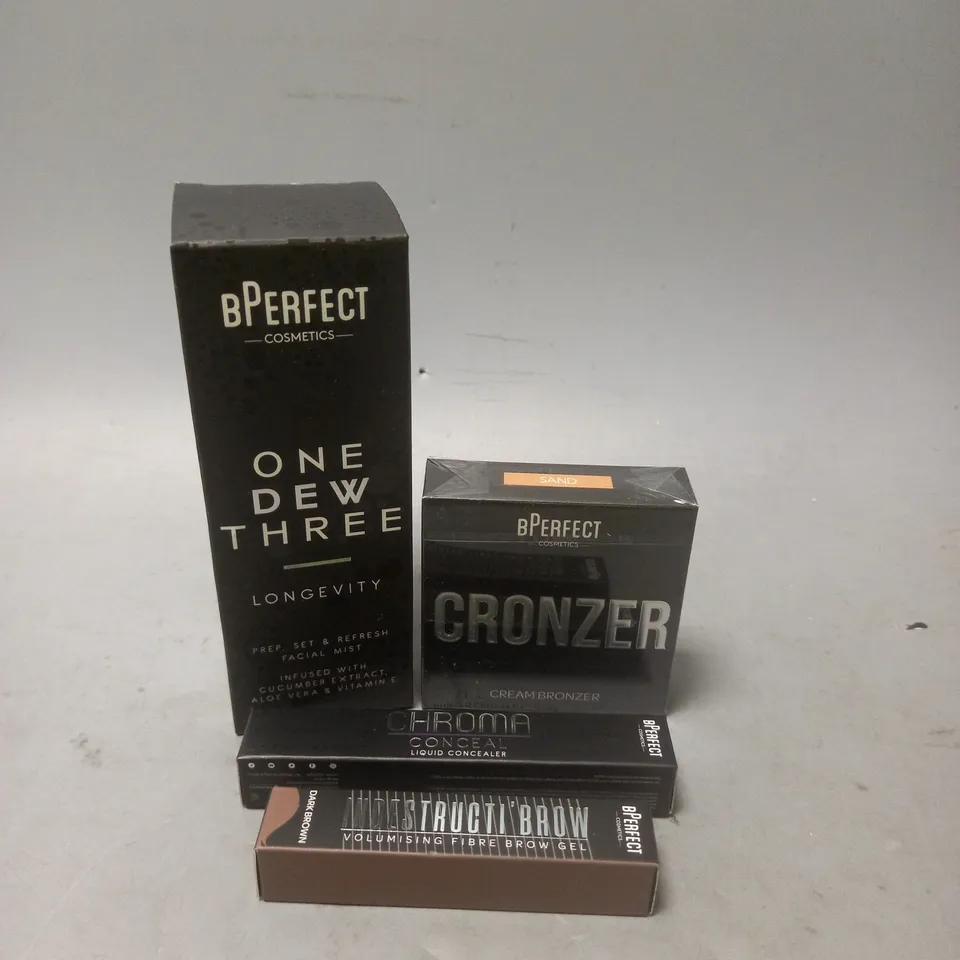 LOT OF 4 SEALED BPERFECT MAKE UP PRODUCTS TO INCLUDE FACIAL MIST, CREAM BRONZER IN SAND AND DARK BROWN EYEBROW GEL 