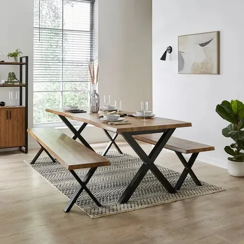 BOXED DUNELM EZRA PART ASSEMBLY LARGE BENCH SET RUSTIC WOOD EFFECT (2 BOXES)