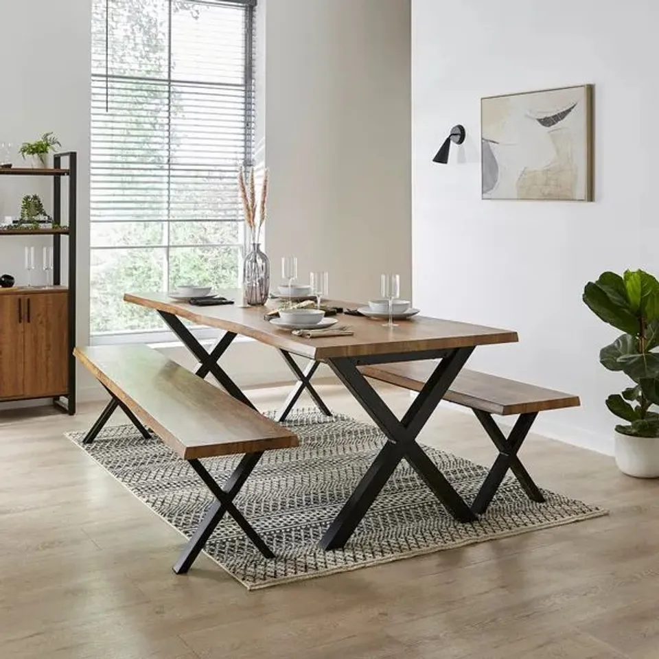 BOXED DUNELM EZRA PART ASSEMBLY LARGE BENCH SET RUSTIC WOOD EFFECT (2 BOXES)