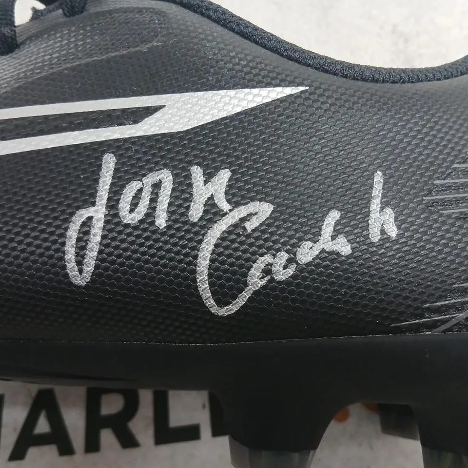 BLACK FOOTBALL BOOT WITH SILVER STRIPE AND AUTOGRAPH