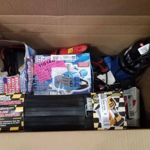 BOX CONTAINING ASSORTED SCRAP ITEMS INCLUDING CORDLESS NAILER/STAPLER, AUTOMATIC BATTERY CHARGER & ELECTRONIC PUMP CONTROL UNIT