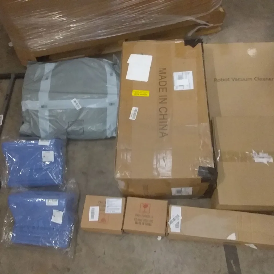 PALLET OF ASSORTED ITEMS INCLUDING GIFTGARDEN LED HEART, TIMOROUS TABLET PILLOW STAND,ROBOT VACCUM CLEANER, BABAYA FLOATING CLOUD SHELVES, GREY OUTDOOR BIRD FEEDER