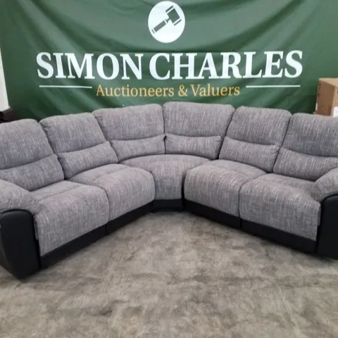 QUALITY DESIGNER MANUAL RECLINER CORNER SOFA - GREY FABRIC/ BLACK LEATHER