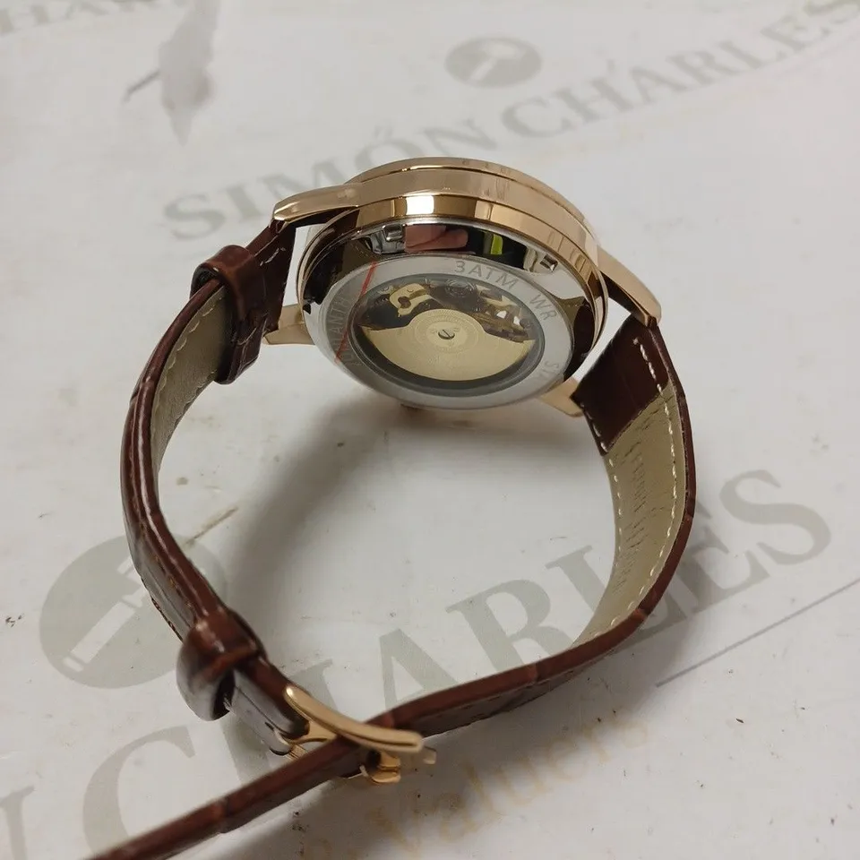 MENS VONLANTHEN AUTOMATIC WATCH – SILVER AND RED TEXTURED DIAL - GLASS EXHIBITION BACKCASE – BROWN LEATHER STRAP