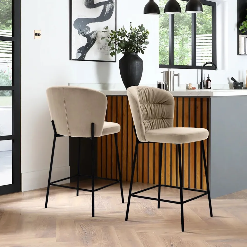 BOXED GIANNA BAR STOOL, CHAMPAGNE CLASSIC VELVET & BLACK STEEL