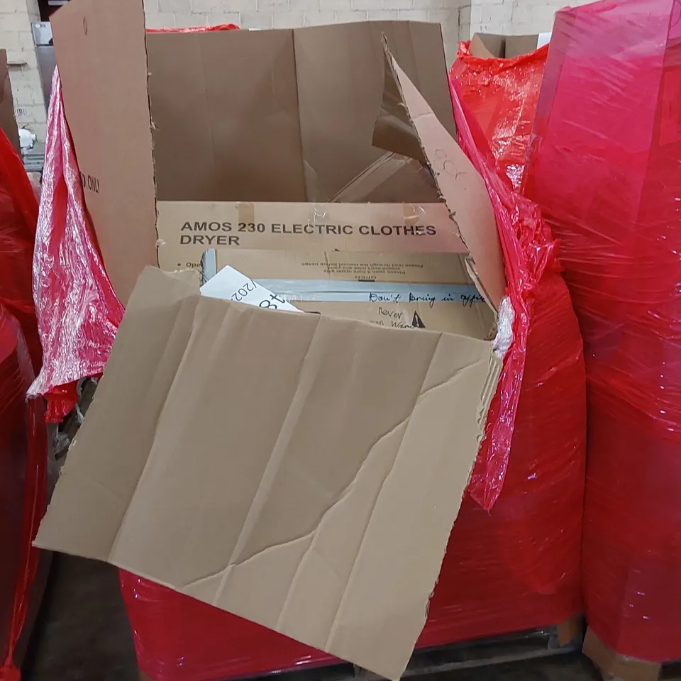 PALLET OF ASSORTED HOUSEHOLD ITEMS AND CONSUMER PRODUCTS. INCLUDING BLADELESS PURIFIER & HEATER FANS, TOOLESS KITCHEN STORAGE SHELF UNIT, ELECTRIC STOVE, ELECTRIC CLOTHES DRYER ETC
