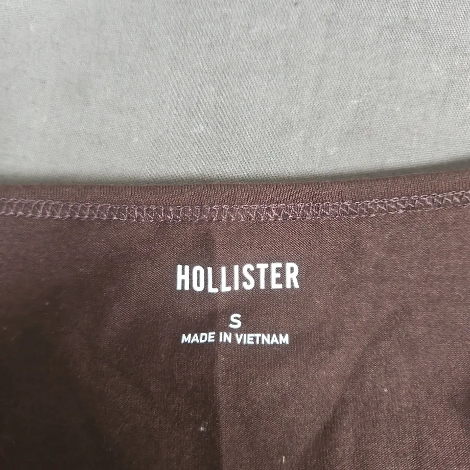 HOLLISTER WOMEN'S BROWN LONG-SLEEVE TOP WITH EMBROIDERED NECKLINE, SIZE S
