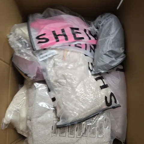 LARGE BOX OF ASSORTED CLOTHING ITEMS IN VARIOUS SIZES, STYLES AND COLOUR 