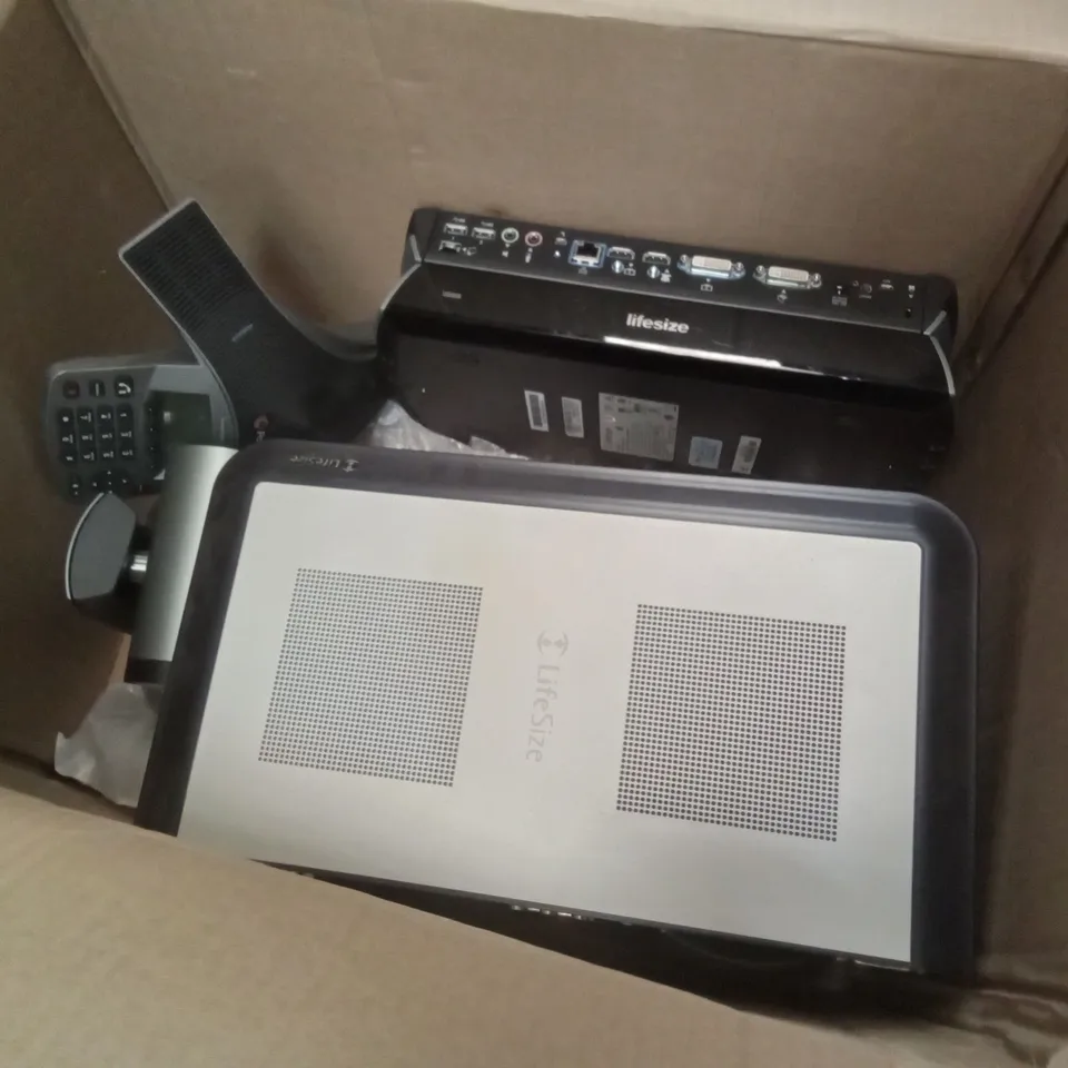 BOX OF ASSORTED TECH INCLUDING POLYCOM CONFERENCE PHONE, LIFESIZE 10× CAMERA, LIFESIZE ROOM 220, LIFESIZE ICON 600