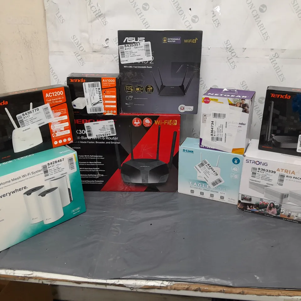 LARGE BOX OF ASSORTED HOME NETWORKING PRODUCTS TO INCLUDE TENDA, ASUS, AND TP-LINK ETC.