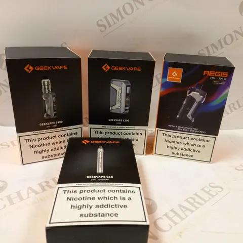 BOX OF APPROX 25 VAPING DEVICES AND ACCESSORIES TO INCLUDE GEEKVAPE L200, CALIBURN POD CARTRIDGE, GEEKVAPE REGIS 