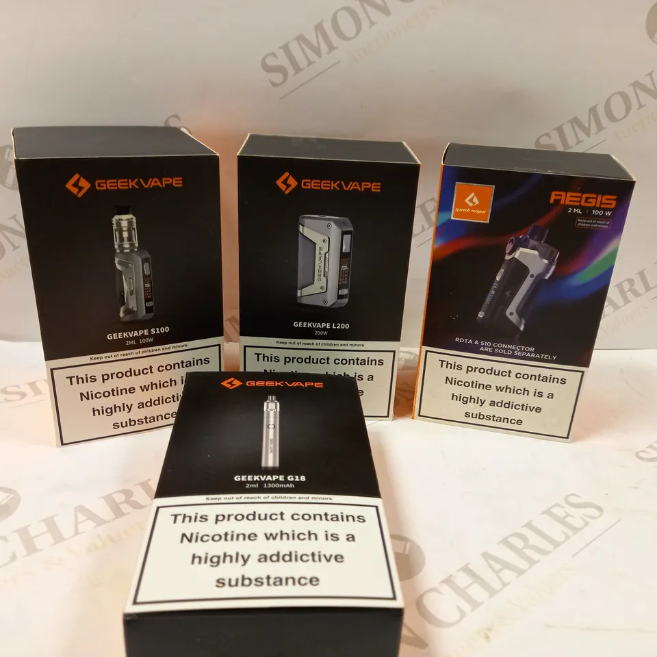 BOX OF APPROX 25 VAPING DEVICES AND ACCESSORIES TO INCLUDE GEEKVAPE L200, CALIBURN POD CARTRIDGE, GEEKVAPE REGIS 