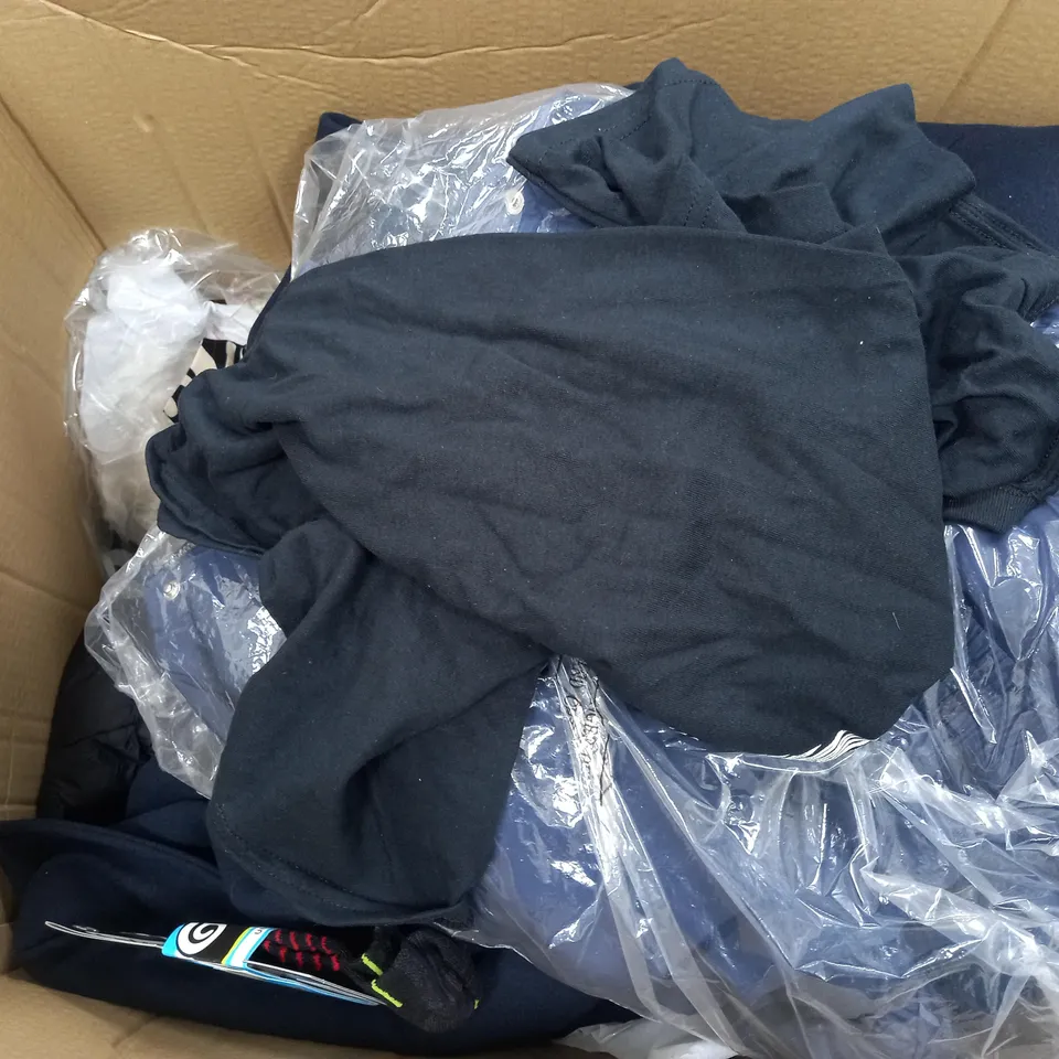 BOX OF APPROXIMATELY 12 ASSORTED CLOTHING ITEMS TO INCUDE - SOCKS, JUMPERS , T-SHIRTS , TROUSERS,ECT 