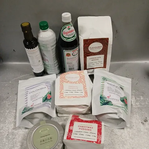 APPROXIMATELY 12 ASSORTED FOOD & DRINK ITEMS TO INCLUDE - COFFEE FLAMINGO BRAZIL GROUND COFFEE - FLAVOURE COFFEE COLLECTIVE CHOCOLATE MOCHA - JIGSIMUR HEALTH DRINK - ETC - COLLECTION ONLY