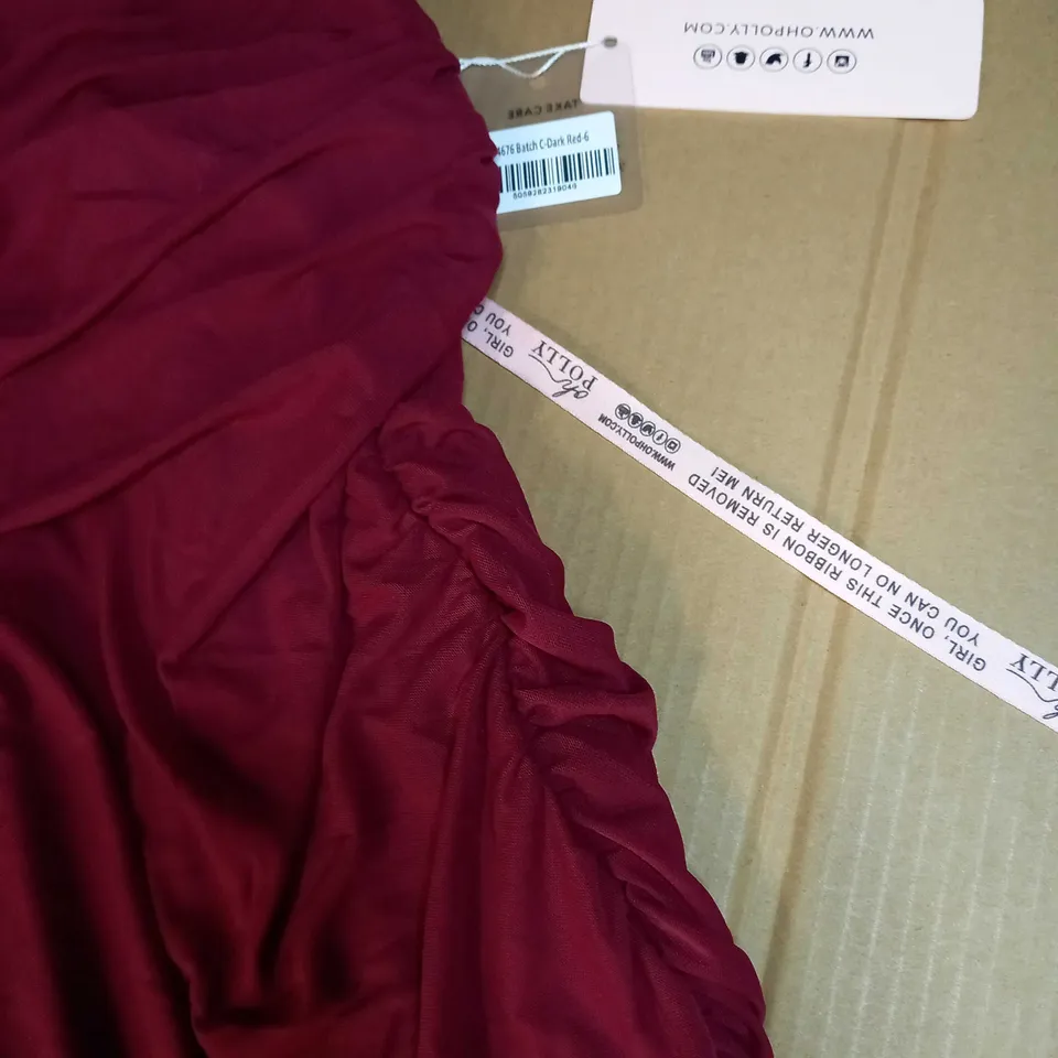 OH POLLY DARK RED RUCHED STATEMENT MINI DRESS - SIZE 6