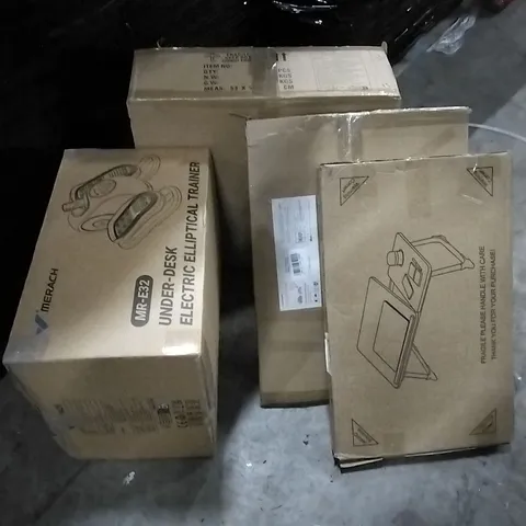 PALLET OF HOUSEHOLD ITEMS TO INCLUDE COMPUTER DESK, UNDER DESK ELECTRIC ELLIPTICAL TRAINER, CEILING FAN WITH LIGHTS AND OTHER ASSORTED ITEMS...