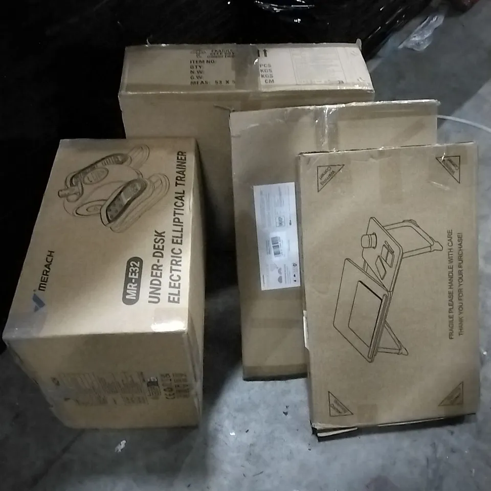 PALLET OF HOUSEHOLD ITEMS TO INCLUDE COMPUTER DESK, UNDER DESK ELECTRIC ELLIPTICAL TRAINER, CEILING FAN WITH LIGHTS AND OTHER ASSORTED ITEMS...