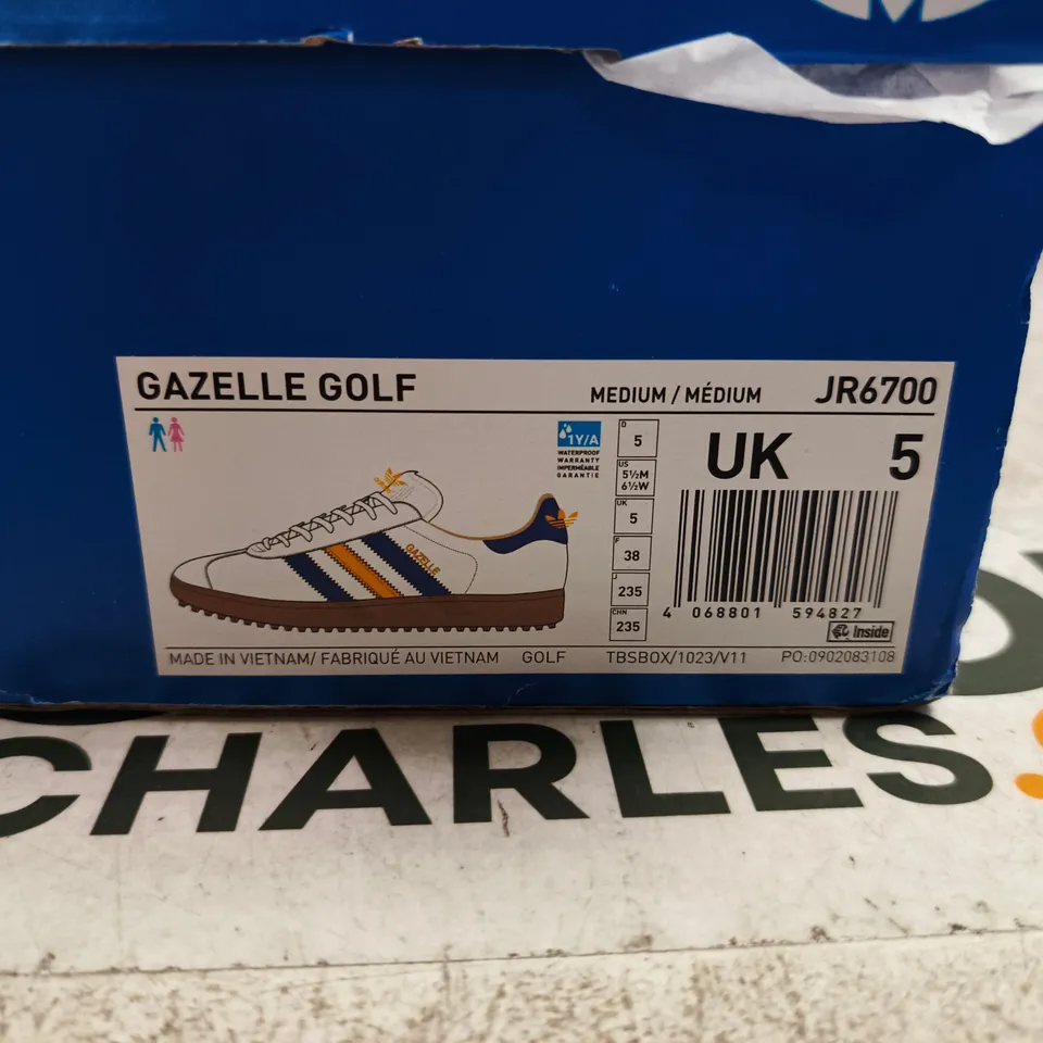 ADIDAS GAZELLE GOLF SNEAKERS – WHITE WITH BLUE & ORANGE STRIPES, UK 5